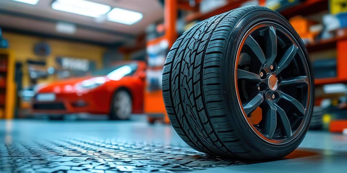 Wide view of a carefully arranged wheel and tire display in a specialty automotive setting